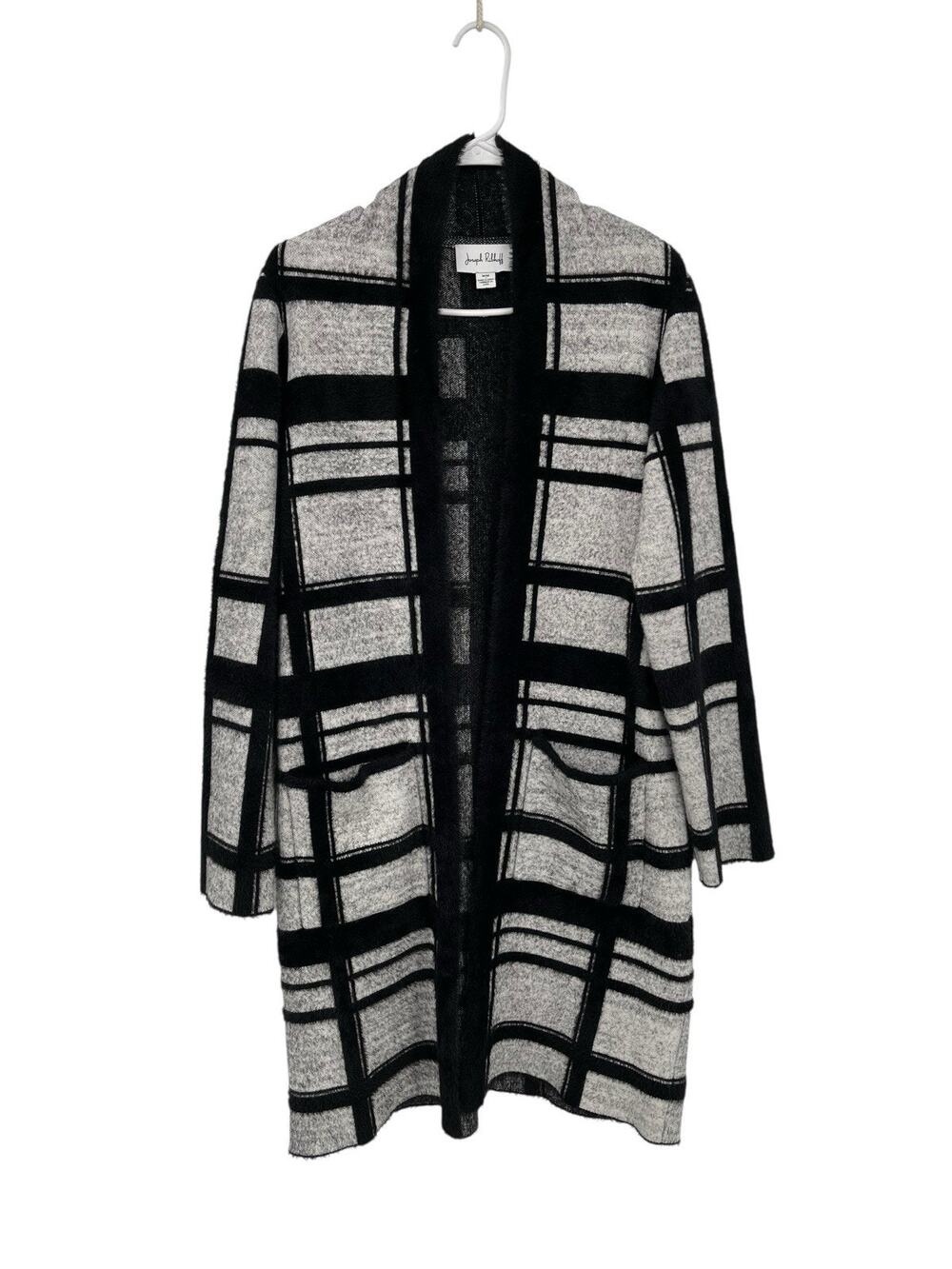 Joseph Ribkoff Jacquard Knit Black Grey Cover Up Sweater Open Front Size Medium